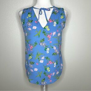 LOFT Womens Blue Floral Tie-Neck Sleeveless Tank Top Knit Back Size XS